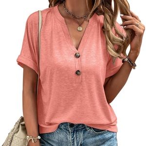 EADINVE Womens V Neck Short Sleeve Buttons Tee Solid Color Blouse Loose Fit New